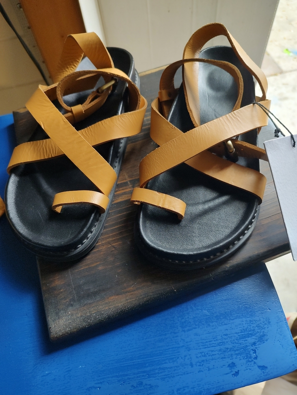 Strappy Bronte Leather Sandals with Black Footbed